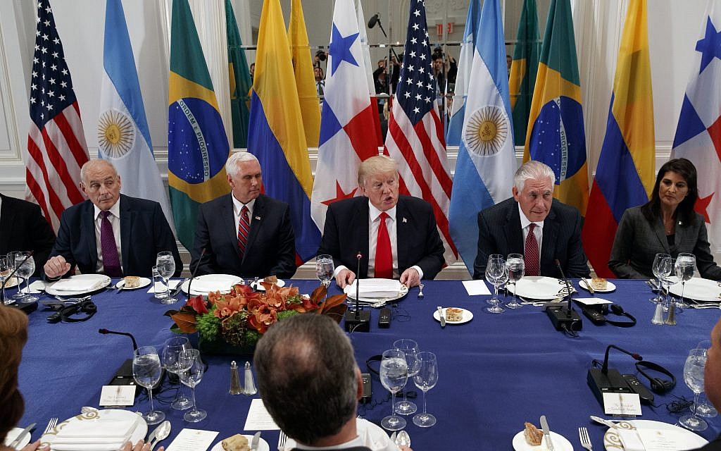 Illustrative: US President Donald Trump speaks during a dinner with Latin American leaders at the Palace Hotel during the United Nations General Assembly, September 18, 2017, in New York, with from left, White House chief of staff John Kelly, Vice President Mike Pence, Trump, Secretary of State Rex Tillerson, and United States Ambassador to the United Nations Nikki Haley. (AP Photo/Evan Vucci)