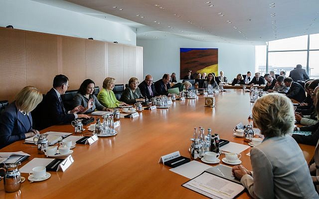 German Chancellor Angela Merkel, fifth from left, leads the last cabinet of the German government ahead of Germany's general elections at the chancellery in Berlin, Wednesday, Sept. 20, 2017. (AP/Markus Schreiber) German Chancellor Angela Merkel, fifth from left, leads the last cabinet of the German government ahead of Germany's general elections at the chancellery in Berlin, Wednesday, Sept. 20, 2017. (AP/Markus Schreiber)