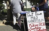 Flyers and a booth on Sproul Plaza calling for protesters to "Shut Down Milo Yiannopoulos," at the University of California, Berkeley campus in Berkeley, California, on September 21, 2017. (AP/Jocelyn Gecker)
