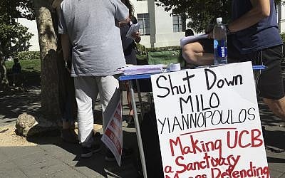 Flyers and a booth on Sproul Plaza calling for protesters to "Shut Down Milo Yiannopoulos," at the University of California, Berkeley campus in Berkeley, California, on September 21, 2017. (AP/Jocelyn Gecker)