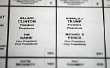 File photo from October 14, 2016, shows Democratic presidential candidate Hillary Clinton's and Republican presidential candidate Donald Trump's names printed on a ballot on a voting machine to be used in the upcoming election, in Philadelphia. (AP/Matt Rourke, File)