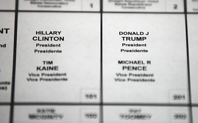 File photo from October 14, 2016, shows Democratic presidential candidate Hillary Clinton's and Republican presidential candidate Donald Trump's names printed on a ballot on a voting machine to be used in the upcoming election, in Philadelphia. (AP/Matt Rourke, File)