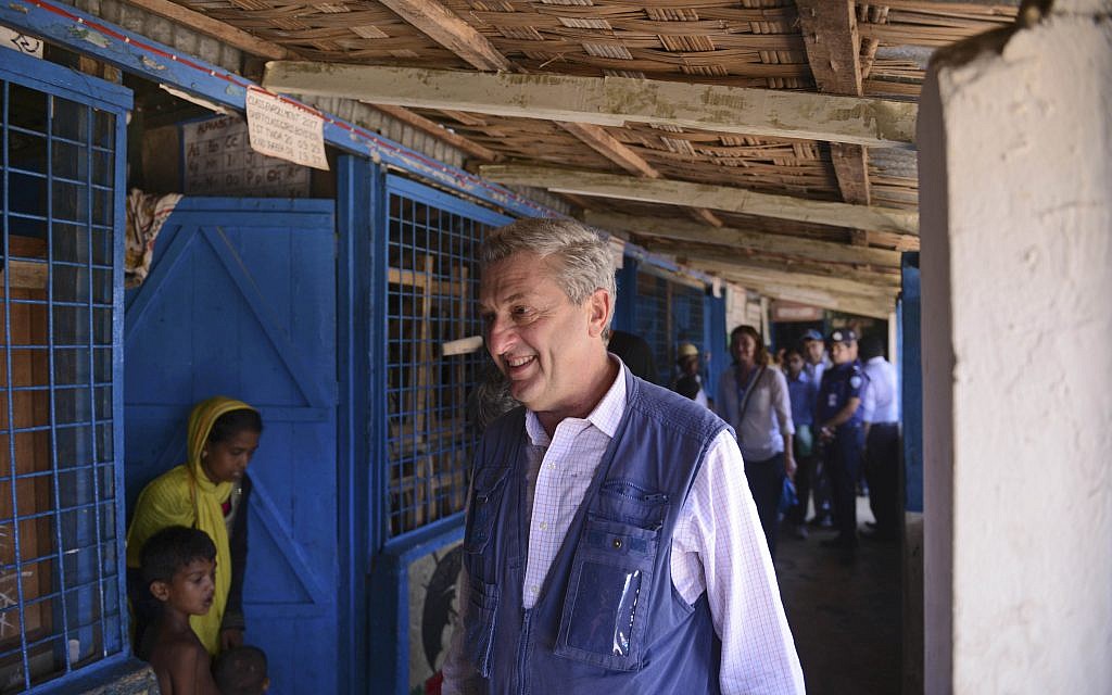 UN High Commissioner for Refugees Filippo Grandi visits a school that has been turned to a temporary camp for newly arrived Rohingya Muslims at Kutupalong, Bangladesh, Saturday, Sept. 23, 2017. (AP Photo/Ziaul Haque Oisharjh)