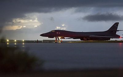 In this image provided by the U.S. Air Force, a U.S. Air Force B-1B Lancer, assigned to the 37th Expeditionary Bomb Squadron, deployed from Ellsworth Air Force Base, S.D., prepares to take off from Andersen AFB, Guam, on Saturday, Sept. 23, 2017. The Pentagon says B-1B bombers from Guam and F-15 fighter escorts from Okinawa, Japan, have flown a mission in international airspace over the waters east of North Korea. (Staff Sgt. Joshua Smoot/U.S. Air force via AP)