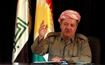 The President of Iraq's autonomous Kurdish region, Massoud Barzani, speaks to reporters during a press conference at the Salah al-Din resort, in Erbil, Iraq, Sunday, Sept. 24, 2017. (AP Photo/Khalid Mohammed)