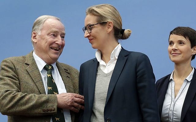 Frauke Petry, co-chairwoman of the AfD, right, stands with top candidates Alexander Gauland, left, and Alice Weidel, center, prior to a press conference of the Alternative for Germany, AfD, in Berlin, Germany, September 25, 2017, the day after the nationalist party was elected first time into the German parliament. (AP Photo/Michael Sohn) Frauke Petry, co-chairwoman of the AfD, right, stands with top candidates Alexander Gauland, left, and Alice Weidel, center, prior to a press conference of the Alternative for Germany, AfD, in Berlin, Germany, September 25, 2017, the day after the nationalist party was elected first time into the German parliament. (AP Photo/Michael Sohn)