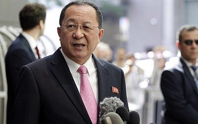 North Korea's Foreign Minister Ri Yong Ho speaks outside the UN Plaza Hotel, in New York, September 25, 2017. (AP Photo/Richard Drew)