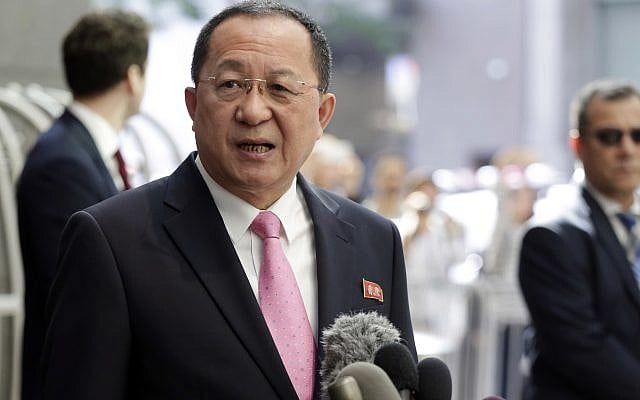 North Korea's Foreign Minister Ri Yong Ho speaks outside the UN Plaza Hotel, in New York, September 25, 2017. (AP Photo/Richard Drew) North Korea's Foreign Minister Ri Yong Ho speaks outside the UN Plaza Hotel, in New York, September 25, 2017. (AP Photo/Richard Drew)