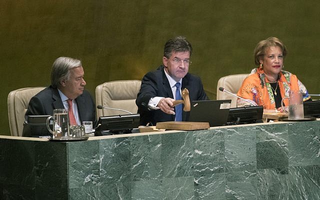 United Nations General Assembly President Miroslav Lajcak, center, is joined by Secretary-General Antonio Guterres, left, as he the opens the 72nd regular session of the UN General Assembly Tuesday, Sept. 12, 2017, at United Nations headquarters. (AP Photo/Mary Altaffer) United Nations General Assembly President Miroslav Lajcak, center, is joined by Secretary-General Antonio Guterres, left, as he the opens the 72nd regular session of the UN General Assembly Tuesday, Sept. 12, 2017, at United Nations headquarters. (AP Photo/Mary Altaffer)