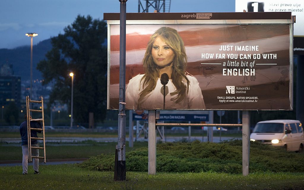 A billboard depicting the first lady Melania Trump and advertising a language school displayed in Zagreb, Croatia, September 15, 2017. (AP Photo/Darko Bandic)