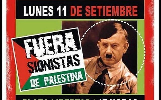 A pro-Palestinian poster depicting Prime Minister Benjamin Netanyahu as Hitler, seen in Buenos Aires, Argentina, September 11, 2017. (World Zionist Organization) A pro-Palestinian poster depicting Prime Minister Benjamin Netanyahu as Hitler, seen in Buenos Aires, Argentina, September 11, 2017. (World Zionist Organization)