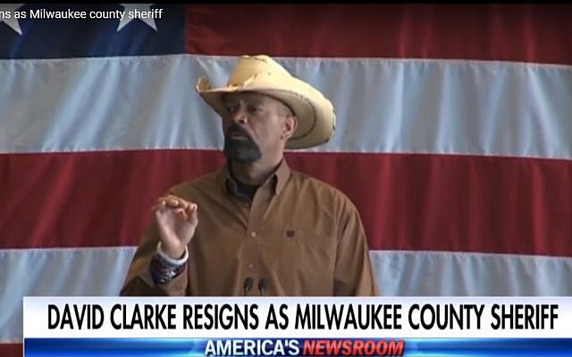 A still image from a Fox News broadcast on Milwaukee Sheriff David Clarke's resignation, September 1, 2017. (Screen capture YouTube) A still image from a Fox News broadcast on Milwaukee Sheriff David Clarke's resignation, September 1, 2017. (Screen capture YouTube)