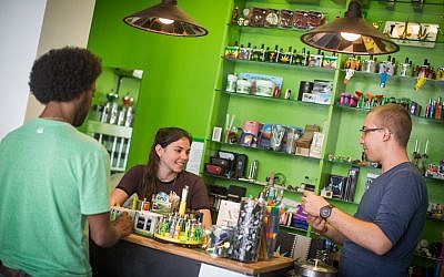 Medical marijuana smoking supplies at a store adjacent to the 'Tikun Olam' store in Tel Aviv, on April 10, 2016. Tikun Olam Ltd. is the largest supplier of medical Cannabis in Israel, operating under license from the Health Ministry since 2007. (Hadas Parush/Flash90)