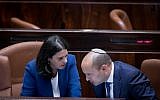 Education Minister Naftali Bennett, right, with Justice Minister Ayelet Shaked, in the Knesset plenum, on November 16, 2016. (Yonatan Sindel/Flash90)