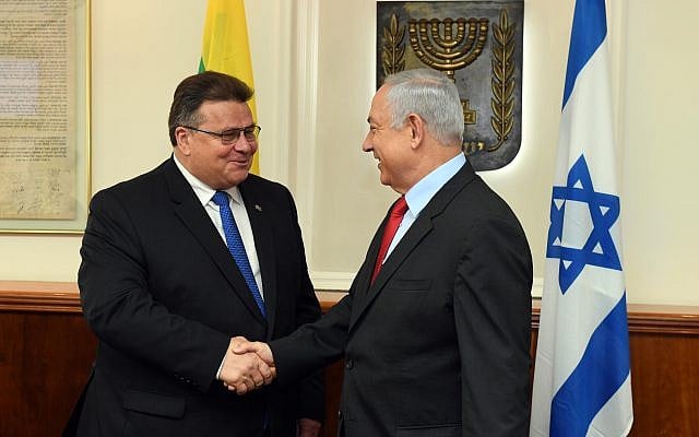 PM Benjamin Netanyahu meets with Lithuanian Foreign Minister Linas Linkevicius in Jerusalem, September 4, 2017. (Haim Zach/GPO) PM Benjamin Netanyahu meets with Lithuanian Foreign Minister Linas Linkevicius in Jerusalem, September 4, 2017. (Haim Zach/GPO)