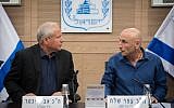 Foreign Affairs and Defense Committee chairman MK Avi Dichter, left, and chair of the Defense Outlook and Force-Building Subcommittee MK Ofer Shelah speak at a meeting presenting a report on the military's five-year Gideon Plan to the public, at the Knesset, on September 25, 2017. (Hadas Parush/Flash90)