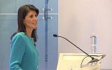 Nikki Haley, the US ambassador to the United Nations, delivers a speech about the Iran nuclear deal at the American Enterprise Institute in Washington on Tuesday, September 5, 2017 (screen capture: YouTube)