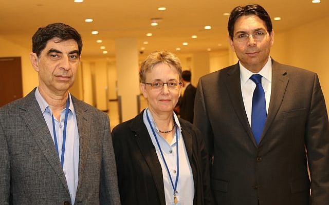 Leah and Simcha Goldin with Ambassador Danon at the UN, September 8, 2017 (Courtesy Israel mission to the UN) Leah and Simcha Goldin with Ambassador Danon at the UN, September 8, 2017 (Courtesy Israel mission to the UN)