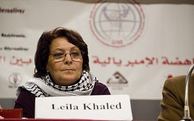 Convicted Palestinian terrorist Leila Khaled speaks at an event in Beirut in January 2009. (CC BY 2.0, Sebastian Baryli, Wikipedia)