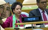 Maleeha Lodhi, Pakistan's representative to the UN, shows an image of Gazan girl Rawya abu Joma’a claiming she is a Kashmiri victim of Indian violence, on September 23, 2017. (Screen capture: Twitter video)