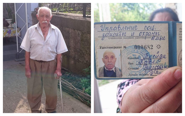 Pavel Preida, a Roma Holocaust survivor in Moldova, and the document that states he was an inmate in a concentration camp. (Courtesy Roma National Center from Moldova)