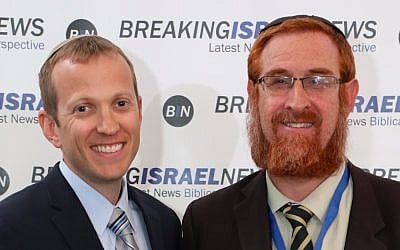 Rabbi Tuly Weisz (left) with MK Rabbi Yehuda Glick at Prophecy in the News Conference, Jerusalem, June 5, 2017 (Courtesy Israel365)