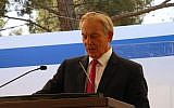Former British prime minister Tony Blair speaks at the first state memorial in honor of Shimon Peres at Mount Herzl in Jerusalem, September 14, 2017. (Josef Avi Yair Engel)