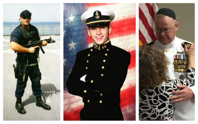 From left: Petty Officer Nathan Bruckenthal on a coalition ship during his 2003 Iraq deployment; Third Class Cadet Quinn Levy; Chief Warrant Officer James Todd receiving a blessing from Rabbi Beth Jacowitz Chottiner upon his retirement. (All photos courtesy)
