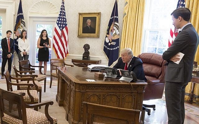 Photograph released by the White House of President Donald Trump on a call to US Jewish leaders for the New Year, September 15, 2017 (White House) Photograph released by the White House of President Donald Trump on a call to US Jewish leaders for the New Year, September 15, 2017 (White House)