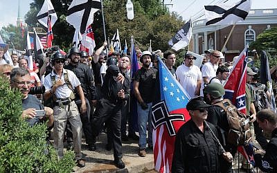 Hundreds of white supremacists and far-rightists on the outskirts of Emancipation Park during the Unite the Right rally in Charlottesville, Virginia, August 12, 2017. (Chip Somodevilla/Getty Images/JTA)