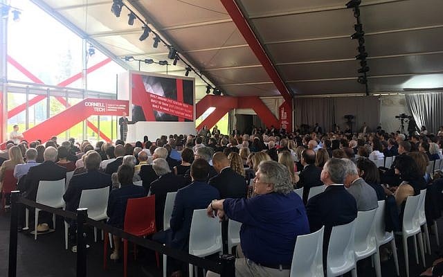 Former mayor Michael Bloomberg speaking at the opening of Cornell Tech, a collaboration between Cornell University and the Technion — Israel Institute of Technology, on New York’s Roosevelt Island, September 13, 2017. (Josefin Dolsten, JTA) Former mayor Michael Bloomberg speaking at the opening of Cornell Tech, a collaboration between Cornell University and the Technion — Israel Institute of Technology, on New York’s Roosevelt Island, September 13, 2017. (Josefin Dolsten, JTA)