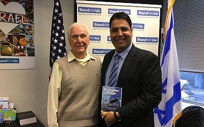 Ret. Cpt. Elgen Long and Shahar Azani, Executive Director StandWithUs, Northeast Region. Azani's grandparents and father were among those airlifted out of Yemen during Operation Magic Carpet. (Cathryn J. Prince/Times of Israel)
