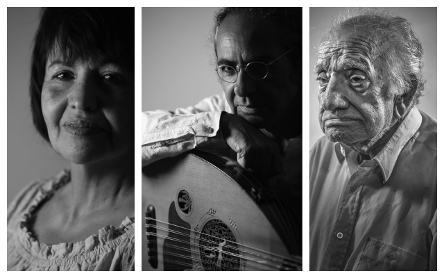 Left to right: Linda Munuhin, Yair Dalal, (credit: David Blumenfeld) and Yehezkel Kojaman (credit: Liam Sharp), photos taken for the Iraqi Jewish Voices Project.