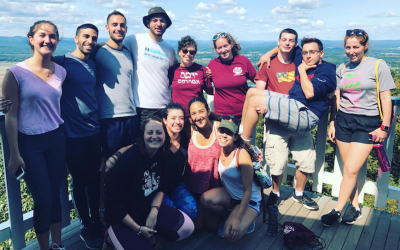 Ben Avrahami, second from left, standing, participating in a hike with other members of IAC Mishelanu at the University of Massachusetts. (Courtesy of IAC Mishelanu UMass Amherst/via JTA)