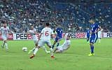 Israel's soccer team playing against Macedonia in a World Cup qualifier in Haifa on September 2. 2017. (Screen capture: Kan broadcasting)
