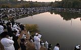 Pilgrims to Uman celebrating at the grave of Rebbe Nachman, September 7, 2013. (Yaakov Naumi/Flash90/via JTA)
