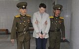 Otto Warmbier arriving at a court for his trial in Pyongyang, North Korea, March 16, 2015. (Xinhua/Lu Rui via Getty Images/JTA)