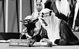This photoshopped image by Saudi artist Abdullah al-Sheri, known as Shawsheen, of Jedi master Yoda with King Faisal signing the UN charter in 1945, was accidentally included in a school textbook across the kingdom, September 2017. (Abdullah Al-Shehri)