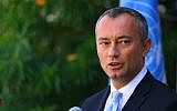 Nikolay Mladenov, United Nations Special Coordinator for the Middle East Peace Process, speaks during a press conference at the UNESCO headquarters in Gaza City, September 25, 2017. (AFP/MOHAMMED ABED)