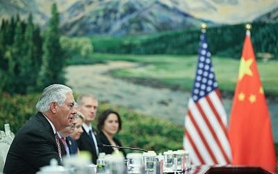 US Secretary of State Rex Tillerson, left, attends a meeting with Chinese State Councilor Yang Jiechi (not pictured) at the Great Hall of the People in Beijing on September 30, 2017. (AFP/ POOL/Lintao Zhang) US Secretary of State Rex Tillerson, left, attends a meeting with Chinese State Councilor Yang Jiechi (not pictured) at the Great Hall of the People in Beijing on September 30, 2017. (AFP/ POOL/Lintao Zhang)