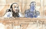 A court sketch made on October 2, 2017 Abdelkader Merah in Paris courthouse during his trial for complicity in the series of shootings commited by his jihadist brother Mohamed in Toulouse and Montauban in 2012.(AFP PHOTO / Benoit PEYRUCQ)