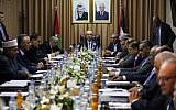 Palestinian Authority Prime Minister Rami Hamdallah (C) chairs a reconciliation government cabinet meeting in Gaza City on October 3, 2017. (MOHAMMED ABED / AFP)