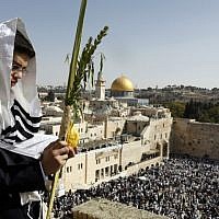 A Jewish worshiper holds the four plant species as he attends the annual priestly blessing during the Sukkot holiday at the Western Wall in the Old City of Jerusalem on October 8, 2017. (AFP Photo/Menahem Kahana) A Jewish worshiper holds the four plant species as he attends the annual priestly blessing during the Sukkot holiday at the Western Wall in the Old City of Jerusalem on October 8, 2017. (AFP Photo/Menahem Kahana)