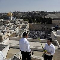A Jewish worshiper holds the four plant species as he attends the annual priestly blessing during the Sukkot holiday at the Western Wall in the Old City of Jerusalem on October 8, 2017. (AFP Photo/Menahem Kahana) A Jewish worshiper holds the four plant species as he attends the annual priestly blessing during the Sukkot holiday at the Western Wall in the Old City of Jerusalem on October 8, 2017. (AFP Photo/Menahem Kahana)