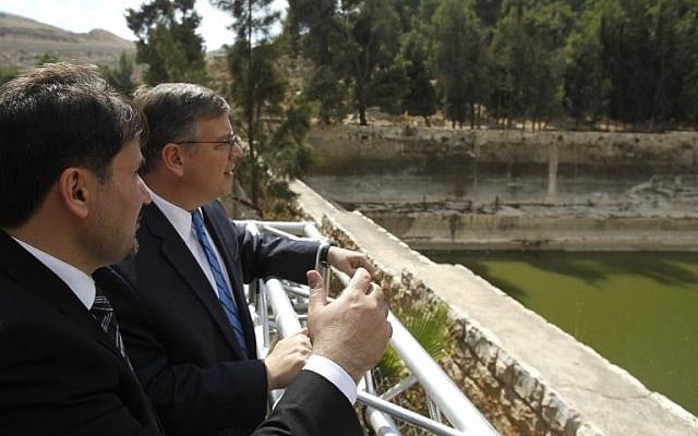Donald Blome (L), US Consul General in Jerusalem, is seen during the launch of a conservation project to preserve the Solomon's Pools as he visits the site in the West Bank town of Bethlehem, on October 10, 2017. (AFP PHOTO/Musa AL SHAER) Donald Blome (L), US Consul General in Jerusalem, is seen during the launch of a conservation project to preserve the Solomon's Pools as he visits the site in the West Bank town of Bethlehem, on October 10, 2017. (AFP PHOTO/Musa AL SHAER)