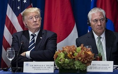 This file photo taken on September 21, 2017, shows US President Donald Trump (L) and US Secretary of State Rex Tillerson at a luncheon with US, Korean, and Japanese leaders at the Palace Hotel during the 72nd United Nations General Assembly in New York City. (AFP Photo/Brendan Smialowski)