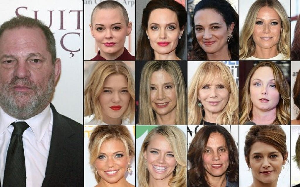 This combination of pictures shows US producer Harvey Weinstein and (1st row from L) US actress Rose McGowan, US actress Angelina Jolie, Italian actress Asia Argento, US actress Gwyneth Paltrow, US actress Ashley Judd; (2nd row fromL) French actress Lea Seydoux, US actress Mira Sorvino, US actress Rosanna Arquette, US actress Louisette Geiss, British actress Kate Beckinsale; (3rd row fromL) Television reporter Lauren Sivan, US actress Jessica Barth, US producer Elizabeth Karlsen, French actress Emma De Caunes, and French actress Judith Godreche (AFP PHOTO / GETTY IMAGES NORTH AMERICA AND AFP PHOTO / STAFF)