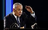Prime Minister Benjamin Netanyahu speaks at an event marking 50 years of settlement in the Jordan Valley on October 19, 2017, near the Ma'ale Efraim settlement in the West Bank. (AFP Photo/Gali Tibbon)