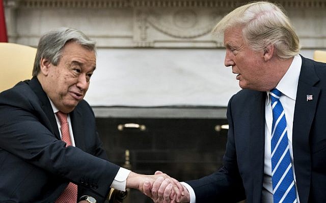 UN Secretary General Antonio Guterres (L) and US President Donald Trump shake hands before a meeting in the Oval Office of the White House in Washington, DC, on October 20, 2017. (AFP/Brendan Smialowski) UN Secretary General Antonio Guterres (L) and US President Donald Trump shake hands before a meeting in the Oval Office of the White House in Washington, DC, on October 20, 2017. (AFP/Brendan Smialowski)