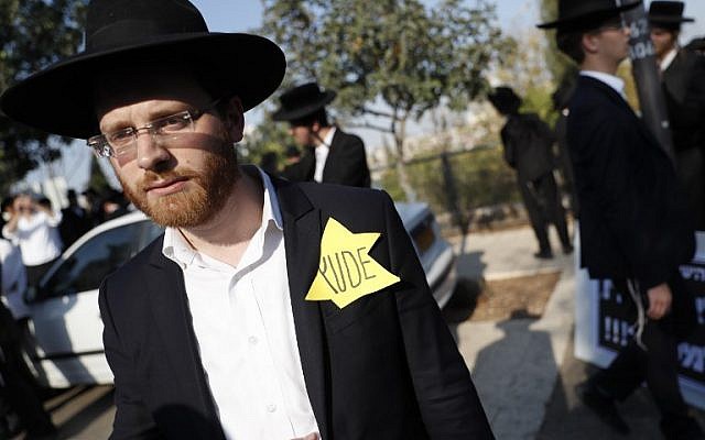 Ultra-Orthodox Jews demonstrate against the conscription of members of their community to the IDF outside the Knesset in Jerusalem, on October 23, 2017. (AFP Photo/Thomas Coex) Ultra-Orthodox Jews demonstrate against the conscription of members of their community to the IDF outside the Knesset in Jerusalem, on October 23, 2017. (AFP Photo/Thomas Coex)